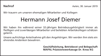 Traueranzeige von Hermann Josef Diemer von Schwäbische Post