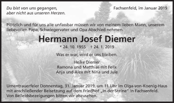Traueranzeige von Hermann Josef Diemer von Schwäbische Post