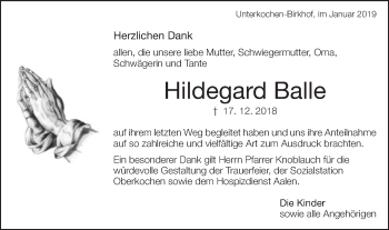 Traueranzeige von Hildegard Balle von Schwäbische Post