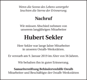 Traueranzeige von Hubert Sekler von Schwäbische Post