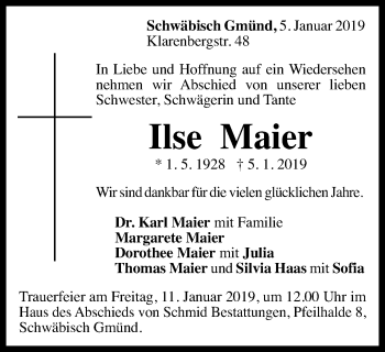 Traueranzeige von Ilse Maier von Gmünder Tagespost