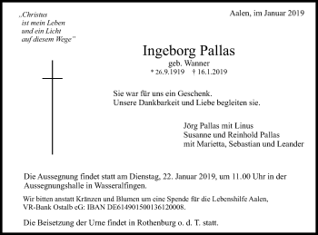 Traueranzeige von Ingeborg Pallas von Schwäbische Post