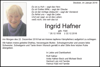 Traueranzeige von Ingrid Hafner von Schwäbische Post