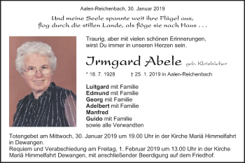 Traueranzeige von Irmgard Abele von Schwäbische Post