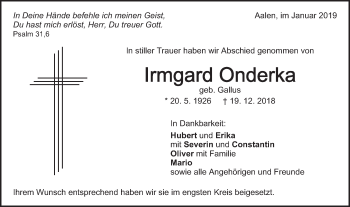Traueranzeige von Irmgard Onderka von Schwäbische Post