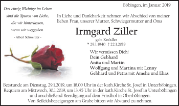 Traueranzeige von Irmgard Ziller von Gmünder Tagespost