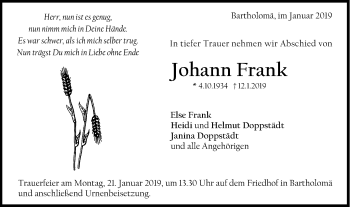 Traueranzeige von Johann Frank von Gmünder Tagespost