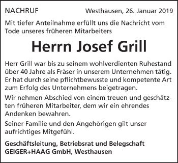 Traueranzeige von Josef Grill von Schwäbische Post