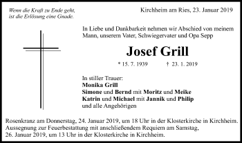 Traueranzeige von Josef Grill von Schwäbische Post