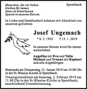 Traueranzeige von Josef Ungemach von Gmünder Tagespost