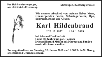 Traueranzeige von Karl Hildenbrand von Gmünder Tagespost