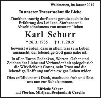Traueranzeige von Karl Schurr von Gmünder Tagespost