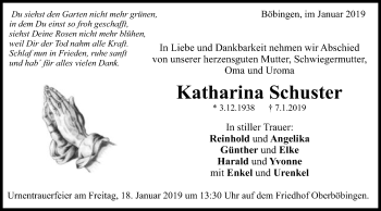Traueranzeige von Katharina Schuster von Gmünder Tagespost