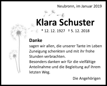 Traueranzeige von Klara Schuster von Kocher-Lein-Bote