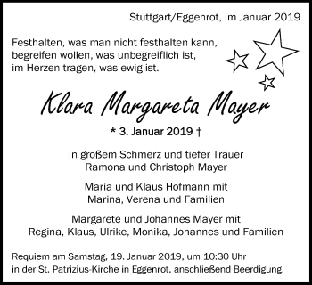 Traueranzeige von Klara Margareta Mayer von Schwäbische Post