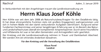 Traueranzeige von Klaus Josef Köhle von Schwäbische Post