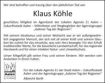 Traueranzeige von Klaus Josef Köhle von Schwäbische Post