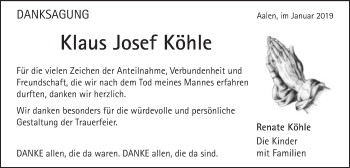 Traueranzeige von Klaus Josef Köhle von Schwäbische Post