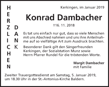 Traueranzeige von Konrad Dambacher von Schwäbische Post