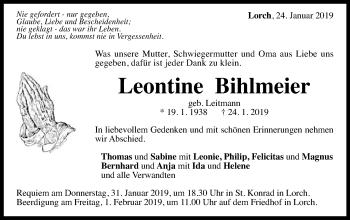 Traueranzeige von Leontine Bihlmeier von Gmünder Tagespost