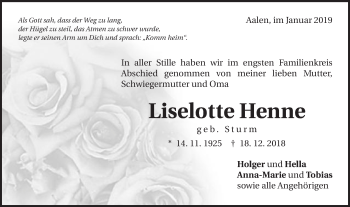 Traueranzeige von Liselotte Henne von Schwäbische Post