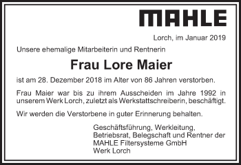 Traueranzeige von Lore Maier von Gmünder Tagespost