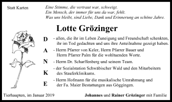 Traueranzeige von Lotte Grözinger von Gmünder Tagespost