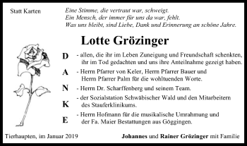 Traueranzeige von Lotte Grözinger