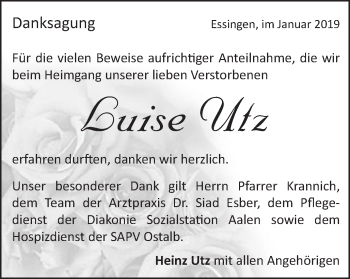 Traueranzeige von Luise Utz von Schwäbische Post
