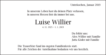 Traueranzeige von Luise Willier von Schwäbische Post