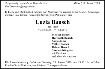 Traueranzeige von Luzia Bausch von Gmünder Tagespost