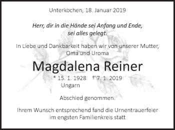 Traueranzeige von Magdalena Reiner von Schwäbische Post