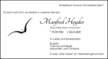 Traueranzeige von Manfred Heyder von Gmünder Tagespost