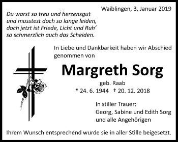 Traueranzeige von Margreth Sorg von Schwäbische Post
