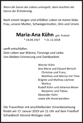 Traueranzeige von Maria-Ana Kühn von Gmünder Tagespost