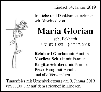 Traueranzeige von Maria Glorian von Gmünder Tagespost