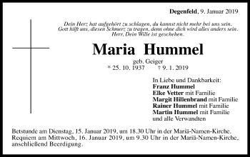Traueranzeige von Maria Hummel  von Gmünder Tagespost