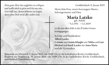 Traueranzeige von Maria Latzko von Gmünder Tagespost