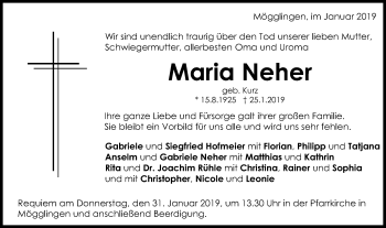 Traueranzeige von Maria Neher von Gmünder Tagespost