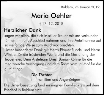 Traueranzeige von Maria Oehler von Schwäbische Post