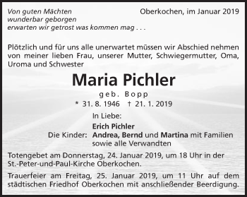 Traueranzeige von Maria Pichler von Schwäbische Post