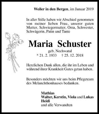 Traueranzeige von Maria Schuster von Gmünder Tagespost
