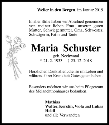 Traueranzeige von Maria Schuster