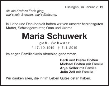 Traueranzeige von Maria Schuwerk von Schwäbische Post