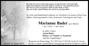 Traueranzeige von Marianne Bader von Gmünder Tagespost