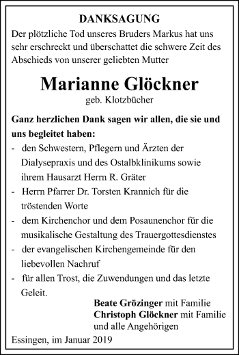 Traueranzeige von Marianne Glöckner von Schwäbische Post