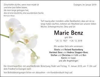 Traueranzeige von Marie Benz von Schwäbische Post