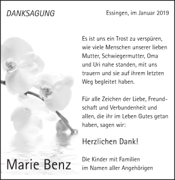 Traueranzeige von Marie Benz von Schwäbische Post