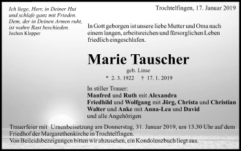 Traueranzeige von Marie Tauscher von Schwäbische Post