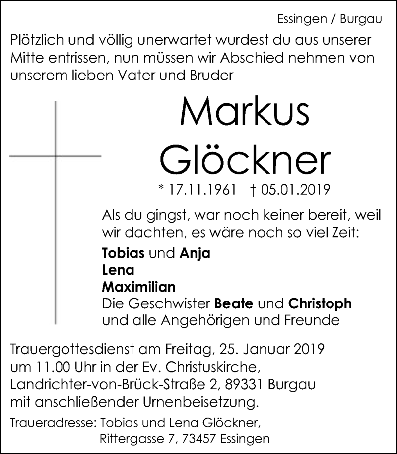  Traueranzeige für Markus Glöckner vom 22.01.2019 aus Schwäbische Post